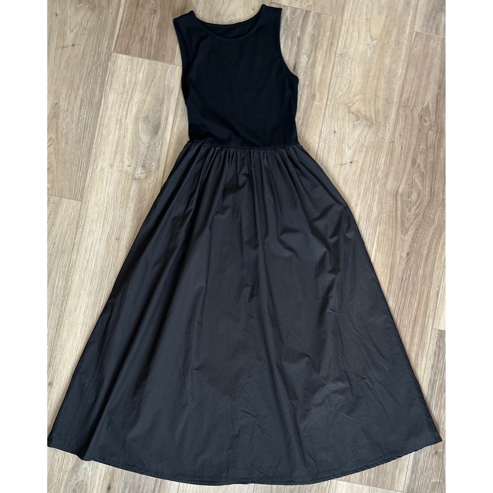 Black Sleeveless Mixed Media Poplin Midi Tank Dress Minimalist Casual Vacation - Picture 1 of 7